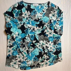 Calvin Klein Blue Floral Blouse with Bell Ruffle Sleeves | Size M